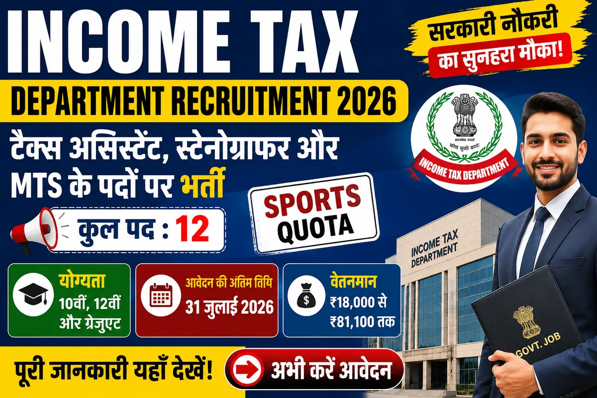 Income Tax Department Recruitment 2026: इनकम टैक्स विभाग में निकली भर्ती, 10वीं, 12वीं और ग्रेजुएट उम्मीदवारों के लिए सुनहरा मौका
