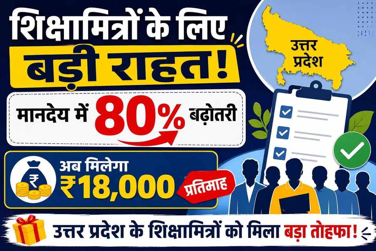 शिक्षामित्रों के लिए बड़ी राहत: मानदेय में 80% बढ़ोतरी, अब मिलेगा ₹ 18,000 प्रतिमाह उत्तर प्रदेश के शिक्षामित्रों को मिला बड़ा तोहफा